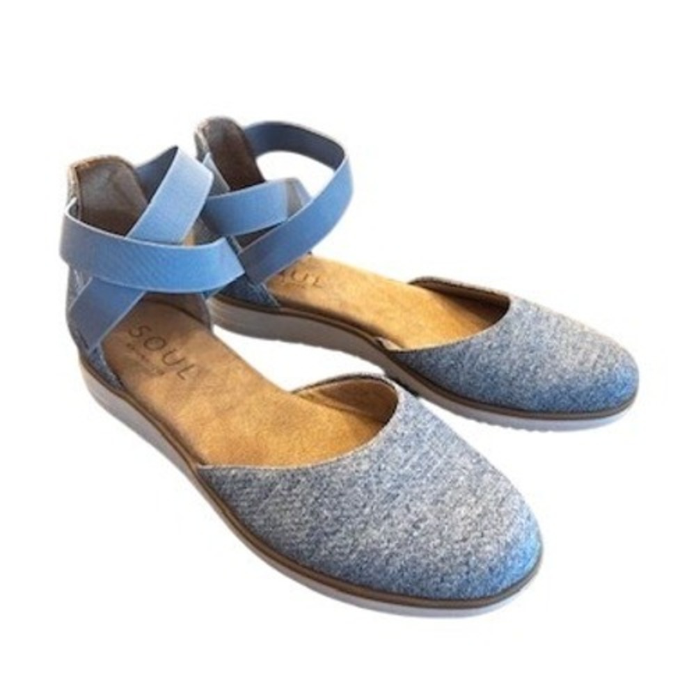 Soul Naturalizer Size 8 Wide Intro Blue Fabric Elastic Ankle Strap Flat Sandals
